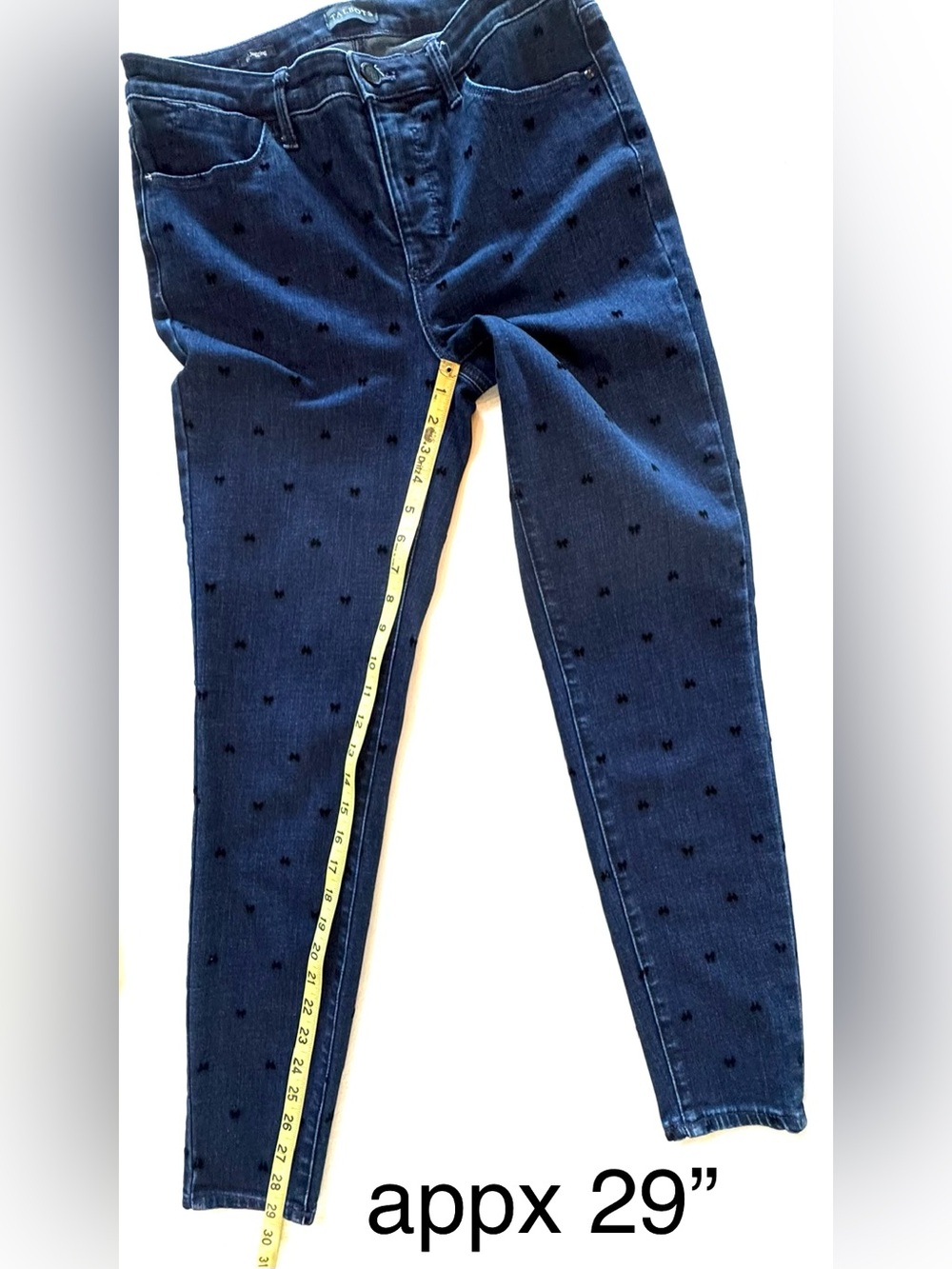 TALBOTS JEGGINGS - DARK DENIM WASH FLOCKED BOWS ZIPPER CLOSURE ANKLE LENGTH (6) - Picture 9 of 16